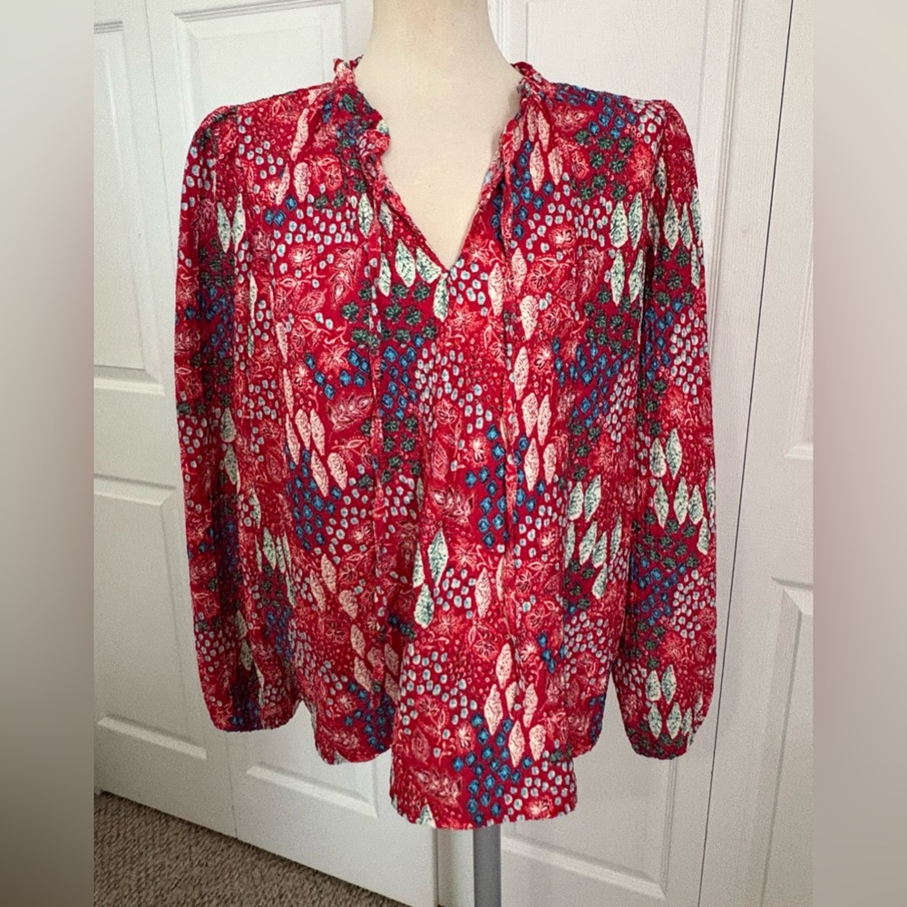 LOFT Red Floral Tie Neck Blouse